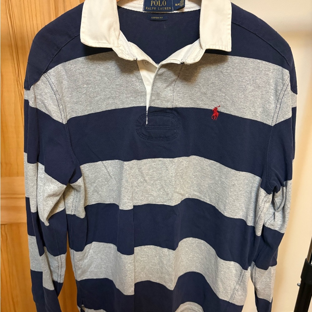 Polo by Ralph Lauren Men's Blue and Gray Rugby Shirt